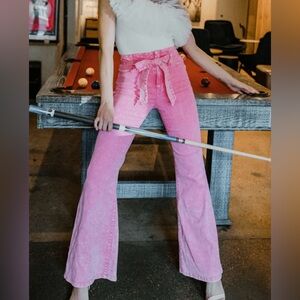 Flying Tomato Belted Flare Leg Wide Leg Pants Pink Retro Denim Size Large Boho